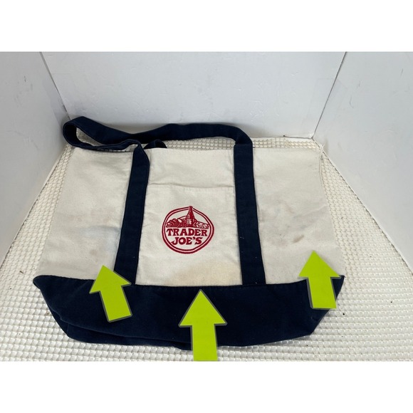 Trader Joe's Canvas Tote Bag Navy Blue Cream Embroidered Logo Reusable - Picture 8 of 9